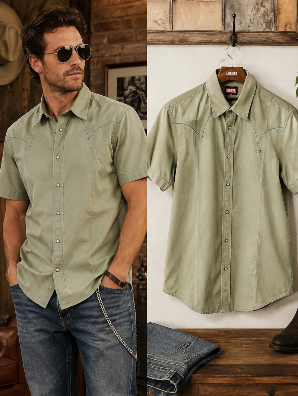 Diesel Men’s Western Snap Shirt L Sage Green Short Sleeve 100% Cotton Y2K
